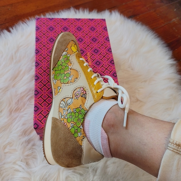 NEW Tory Burch Rust Wallpaper Serif Floral printed Leather Sneaker 6.5 - Picture 6 of 16